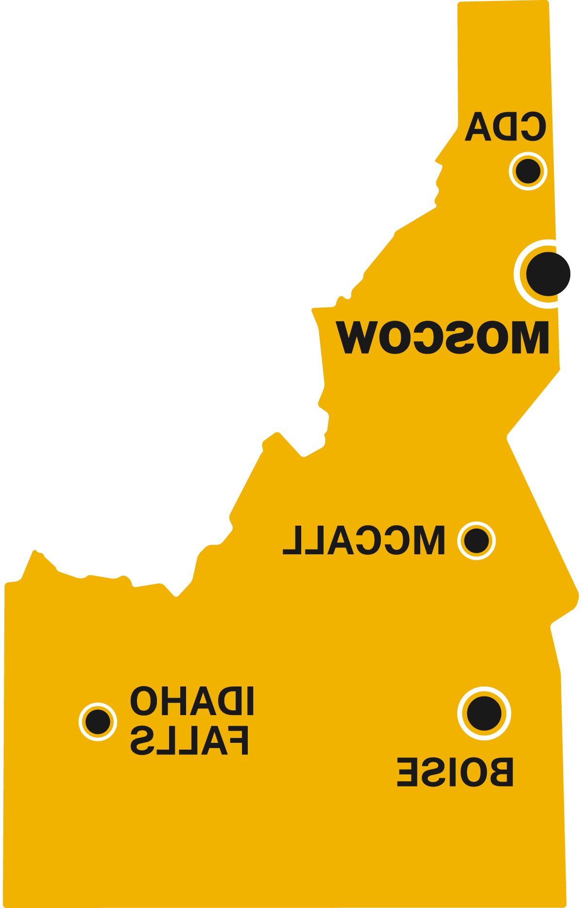 Graphic representation of Idaho and its campuses, research and extension centers in Coeur d’Alene, 莫斯科, 考尔, 博伊西 and Idaho Falls.